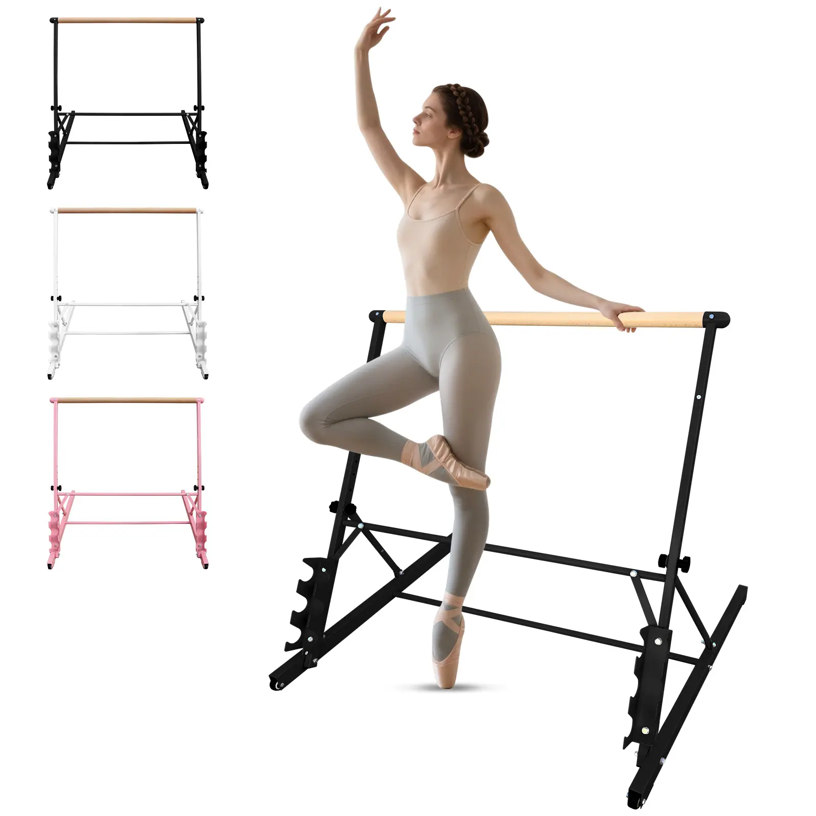 Black White Pink Solid Wood Ballet Barre With Adjustable Range Of 31.5-39.5 Inches For Dance Practice