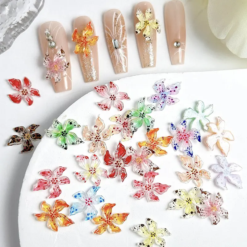 60/100Pcs Bulk Pack Kawaii Floral 3D Resin Flower Charms for Nail - Transparent Petal, Leopard Print Soft Sculpture Decorations, Nail Supplies, DIY Accessory, Nails With Charms