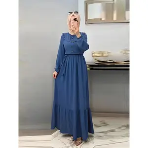 Women's Modest Muslim Abaya Dress - Burgundy Long Sleeve -Length Islamic Dress with White Pinstripe Collar & Button Front, Machine Washable Hijab-Free Elegant Muslimah Clothing for Prayer, Travel, Daily Wear