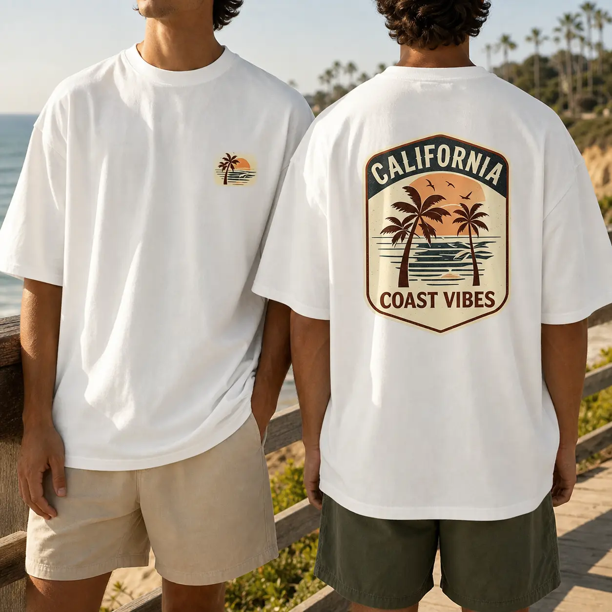 Retro Beach Palm Tree Double Sided Print T-Shirt For Men, California Coast Vibes Sunset Ocean Graphic Soft Cotton Short Sleeve Tee, Surf Coastal Vacation Casual Outfit, Novelty Summer Gift For Guys Basic Breathable, Tropical, Loose, Menswear, Outdoor, Fab