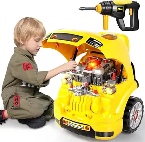 Large Truck Builder Kit for Toddlers 3-5, Kids Mechanic Workshop Set with Light and Sound, Removable Engine, Yellow, 15.3x18.7inch