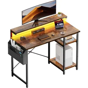 Desk with LED Lights, 40Inch Gaming Desk with  Stand & Side Storage Shelves, Writing Study Table with Storage Bag for  Office and Bedroom, Brown