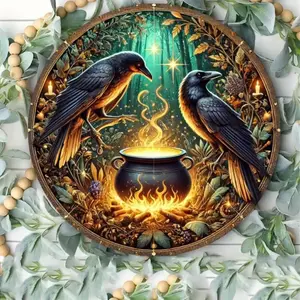 Retro circular metal tin sign with crow and big pot pattern, perfect gift, retro holiday party metal circular sign wall