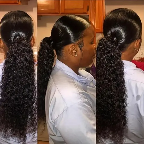 Unisex Multi-Size Water Wave Drawstring Ponytails Extensions (10-28 In, 12 In Option) - Premium Brazilian Remy Human Hair, Natural Black, Wrap-Around & Clip-In Dual Structure, Firm Stable Fit, Effortless Wear, Thick Soft Tangle-Resistant Long Strands, 12