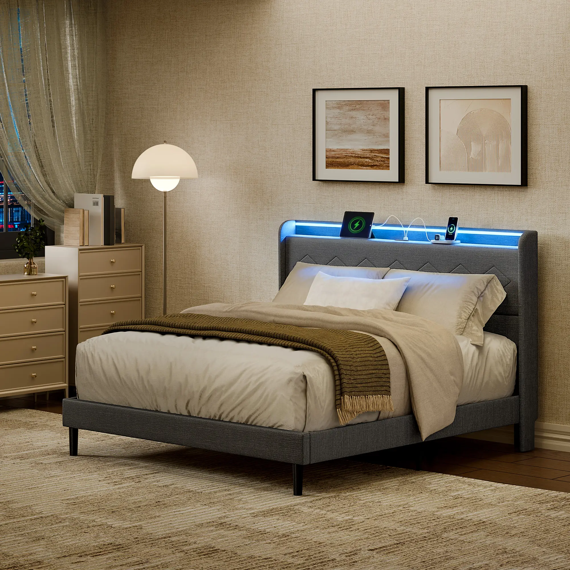 Sweetcrispy Upholstered Bed Frame with Height-Adjustable Headboard, Reinforced Metal Structure, 3 USB Ports, Type-C Quick Charge, LED Mood Lighting Strip, Bluetooth Controller - Height-Adjustable Bed Frames