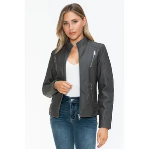 Snobbish Faux Leather Zip Up Mock Neck Jacket