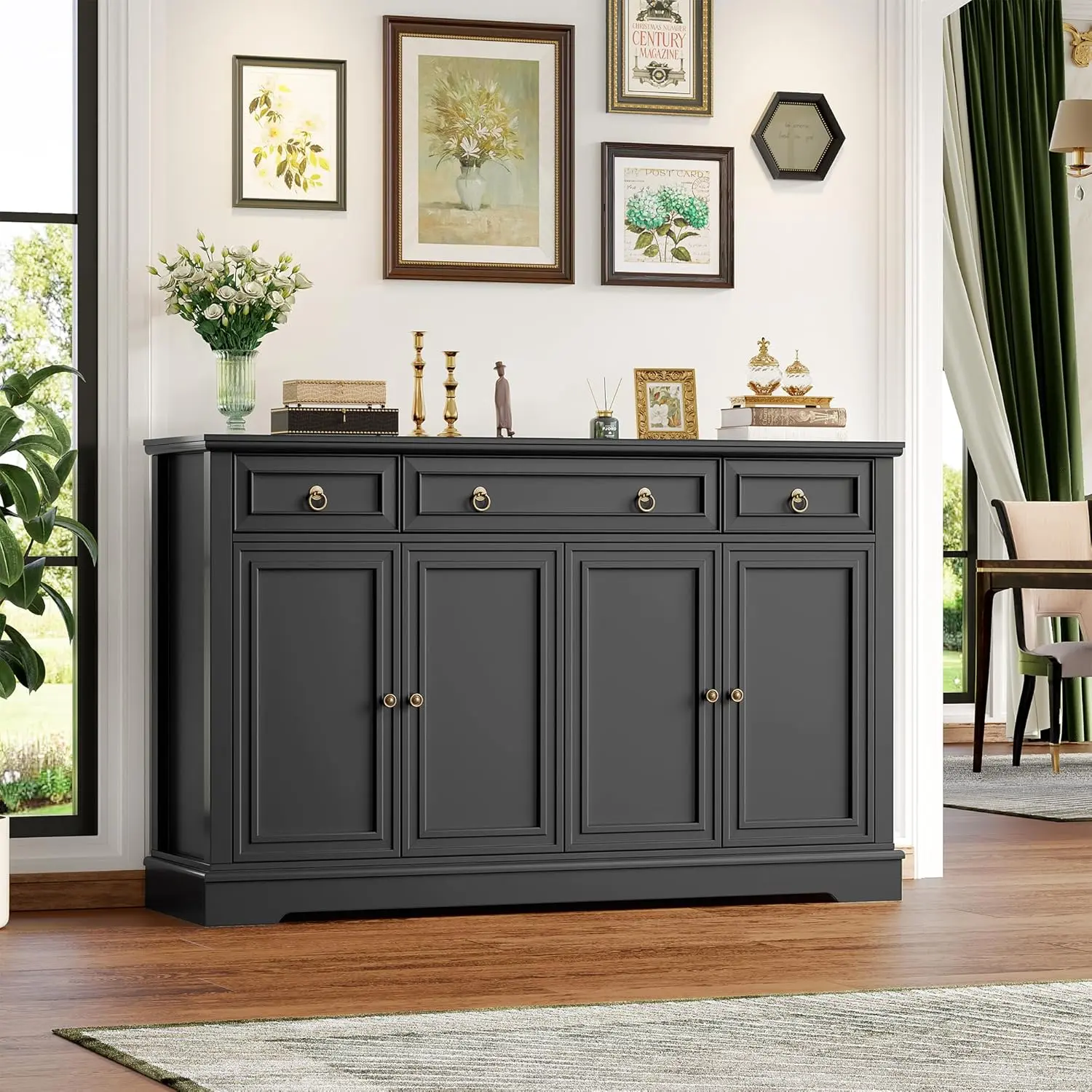 【2 Packages Shipped】Buffet Cabinet with Storage, 52.7" Large Sideboard Buffet Table, Kitchen Cabinet with 3 Drawers and 4 Doors, Wood Coffee Ba for Kitchen Dining Room
