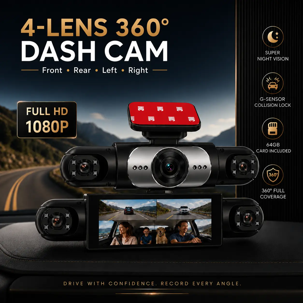 4-Lens 360° Dash Cam, 1080P Front Rear & Dual Cabin Recording, IR Night Vision, G-Sensor, Loop Recording, 64GB Card Included