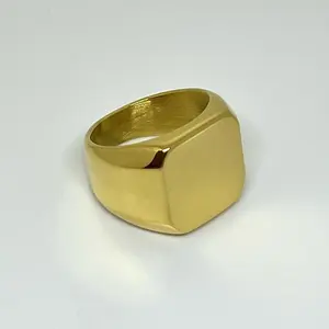 Gold Tone Square Signet Ring – Brushed Stainless Steel Minimalist Statement Ring