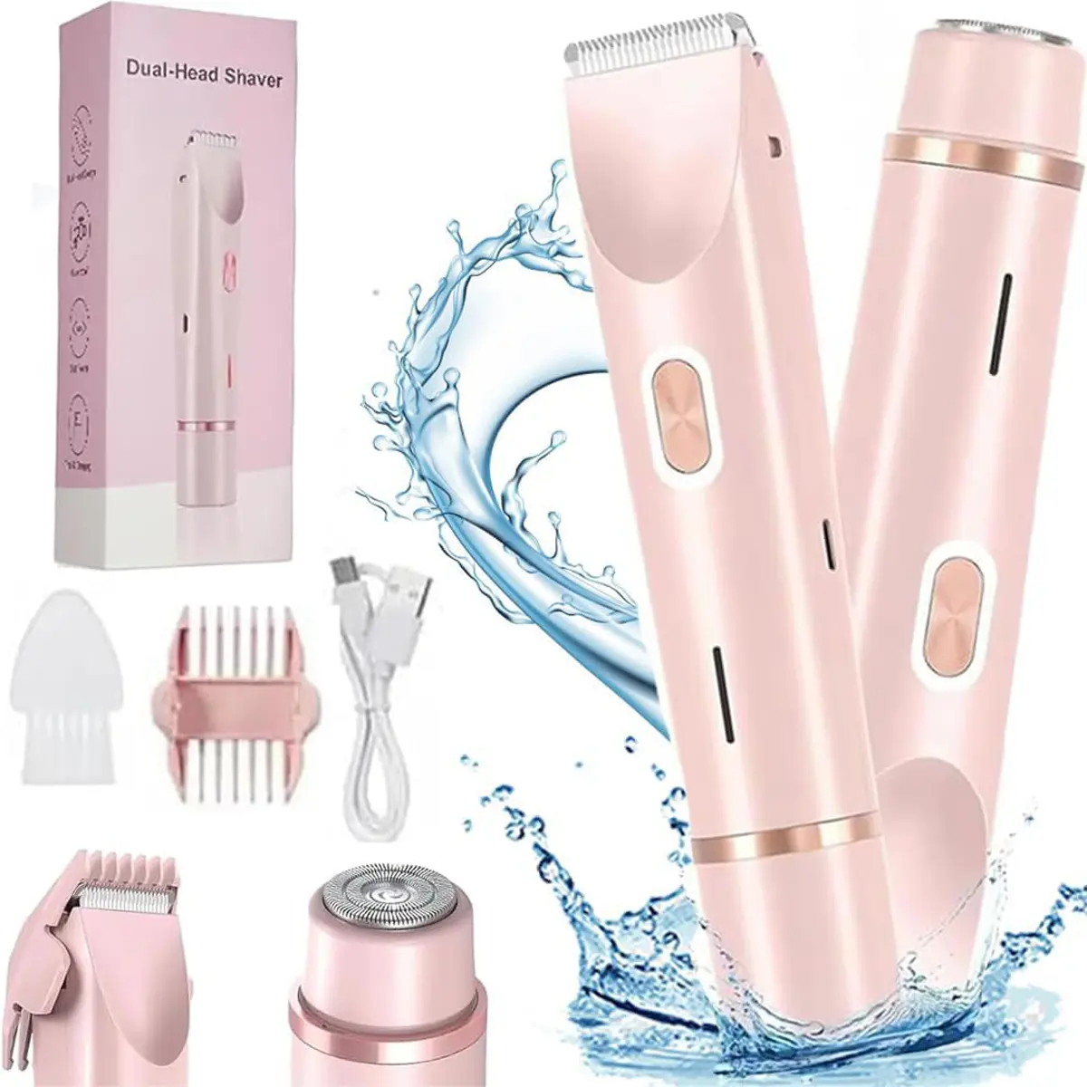 Oceantree Women's 2-in-1 Smooth Rechargeable Bikini Trimmer - Electric Razor, Facial & Body Epilator with Dual Heads, IPX7 Showerproof Cordless Shaver, Comb, USB Charging, Personal Care Appliances for Bikini Area Grooming