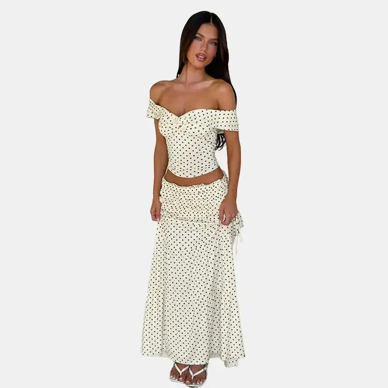 Women's Off Shoulder Polka Dot Bow Detail Crop Top & Tie Waist Maxi Skirt Two Piece Set 2026 Spring Summer New Arrival Beach Vacations Brunch Casual Outings Stylish Elegant Vacation Holiday Matching Outfit