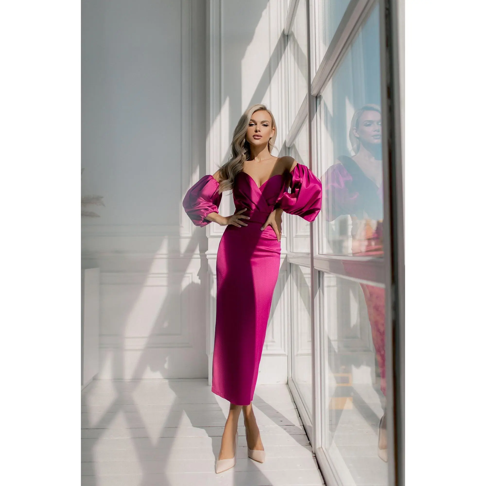 Fuchsia Puffed Sleeve Midi Prom Dress