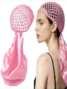 Non-Detachable Satin Hair Care Wrap & Net Duo – Adjustable Band for All Hairstyles, Hair Styling Set, Reversible Satin & Handmade Netting