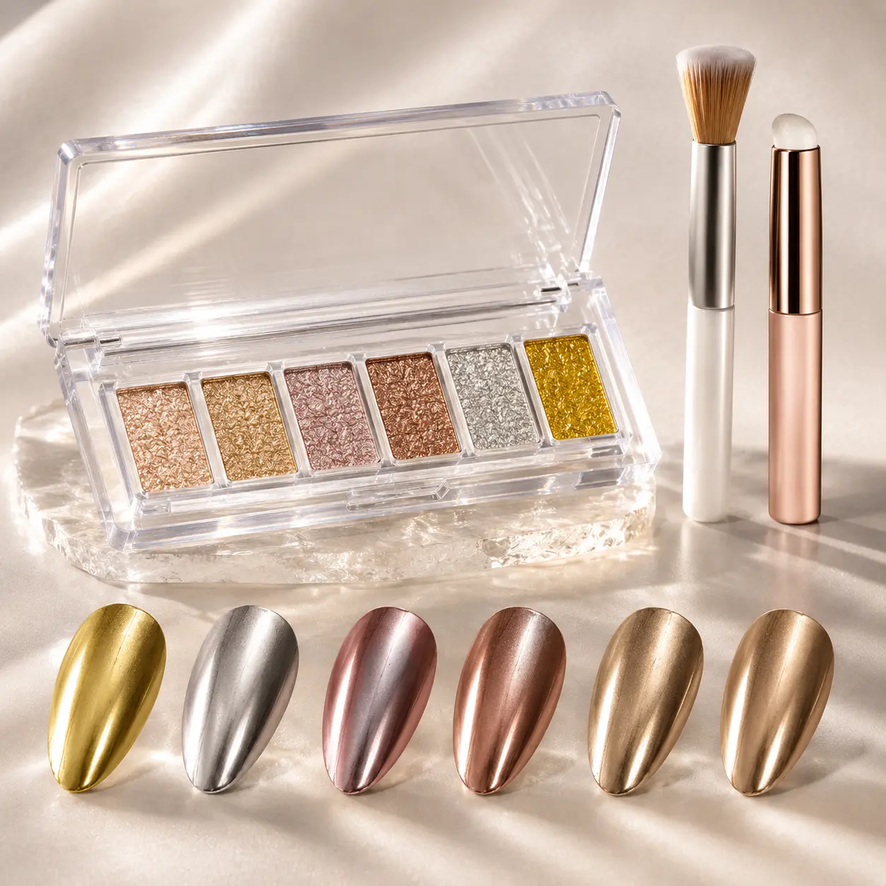 AILLSA 6-in-1 Solid Chrome Nail Powder Palette - No-Mess Formula, Perfect Mirror Effect, Beginner-Friendly Nail Art Supplies Kit