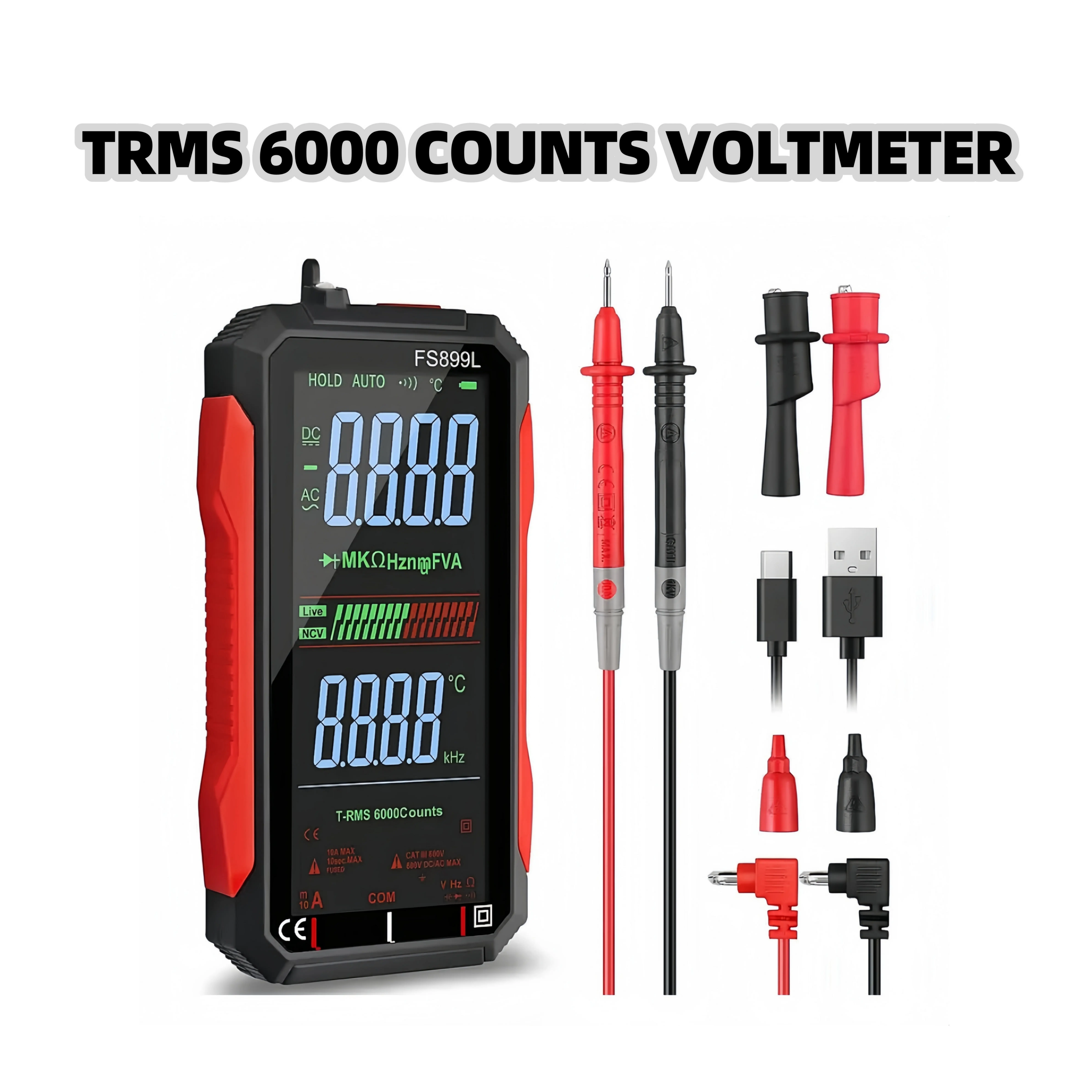 ADESKE TRMS 6000 Intelligent Digital Multimeter: 6000 Counts, Large 4.8-inch Backlit Color Display, NCV Non-Contact Detection, USB Charging—A Professional-Grade Portable Electrician's Tool.