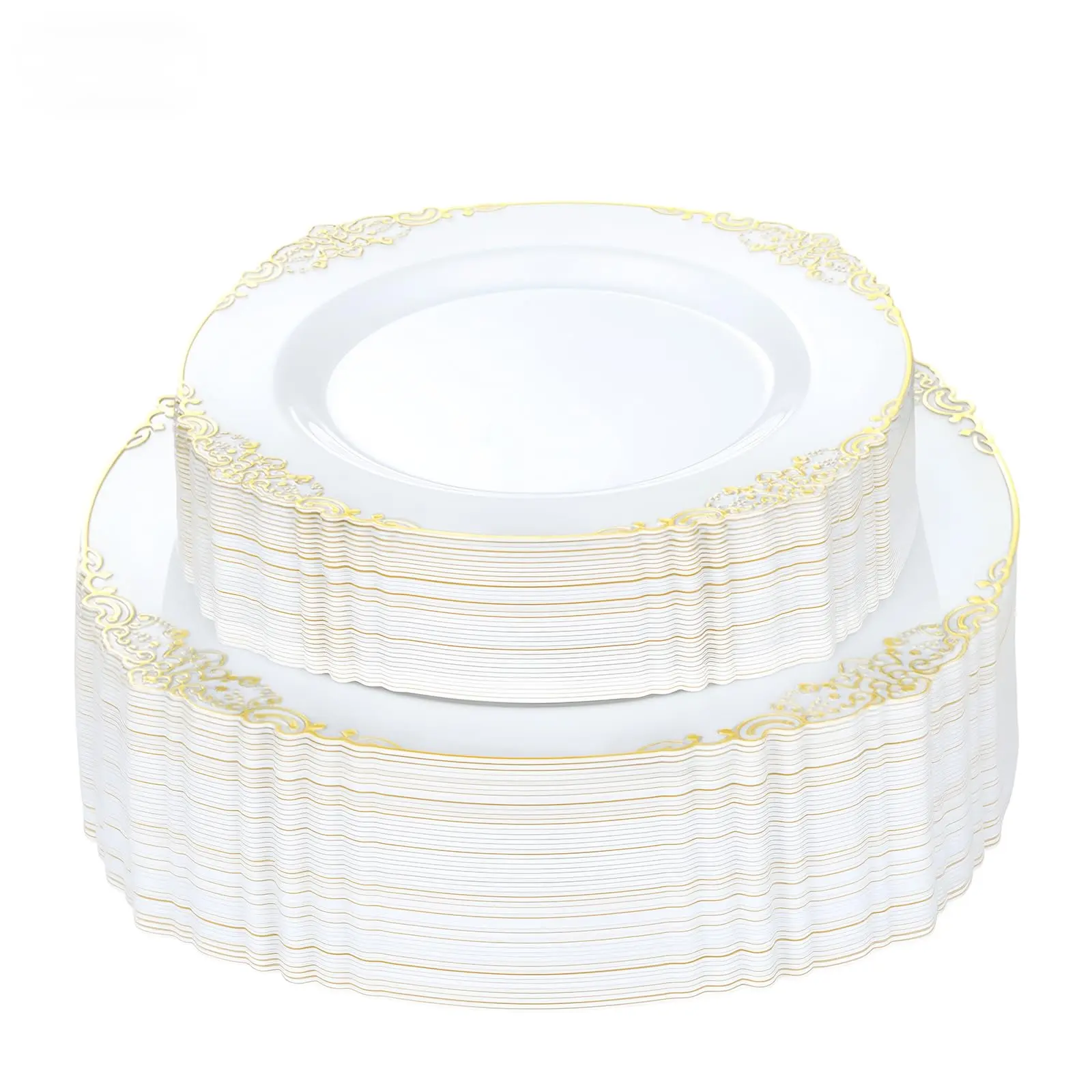 100 PCS White and Gold Plastic Plates for 50 Guests, Gold Disposable Plates Include 50 PCS Dinner Plates, 50 PCS Dessert Plates for Party, Wedding and Graduation