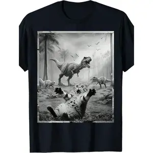 Men's Funny Cat&amp; T-Rex Dinosaur Graphic Tee - Soft Cotton.Short Sleeve.Round Neck.Black Retro Style Casual Shirt For All Seasons.Everyday Clothing Retro Style Shirt Machine Washable Top.Summer, Cotton, Casual, Short Sleeve, Graphic Tee, Soft, Breathab