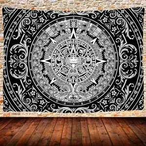 SHRAPHY Mayan Calendar Tapestry Black and White Aztec Calendar Wall Art Decor Bohemian Hippie Wall Hanging for Dorm Bedroom Living Room 80x60 Inches GTQQUH968