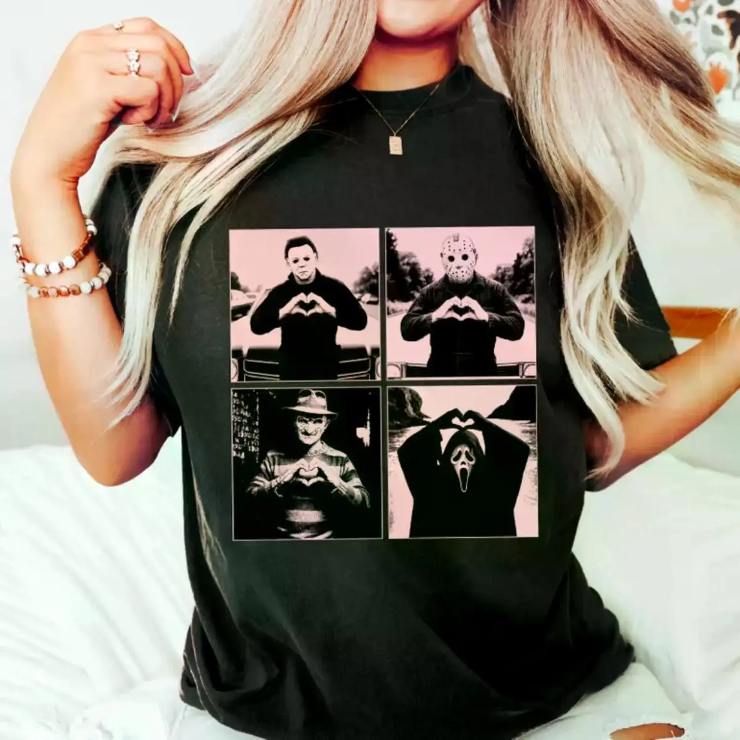 Horror Movie Killers Vintage Washed T-Shirt, Michael Myers Jason Voorhees Freddy Krueger Ghostface Heart Hands Graphic Tee, Casual Halloween Shirt for Fans
