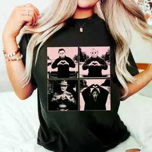 Horror Movie Killers Vintage Washed T-Shirt, Michael Myers Jason Voorhees Freddy Krueger Ghostface Heart Hands Graphic Tee, Casual Halloween Shirt for Fans