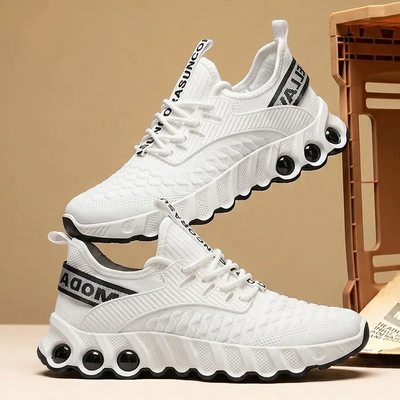 Men's Shock Absorbing Bubble Sole Running Sneakers, Breathable Knit Mesh Lightweight Walking Shoes, Non Slip Casual Athletic Trainers for Daily Workout Gym Travel, Black White Two Colors, Flexible Cushioned All Day Comfort Sports Footwear For Men