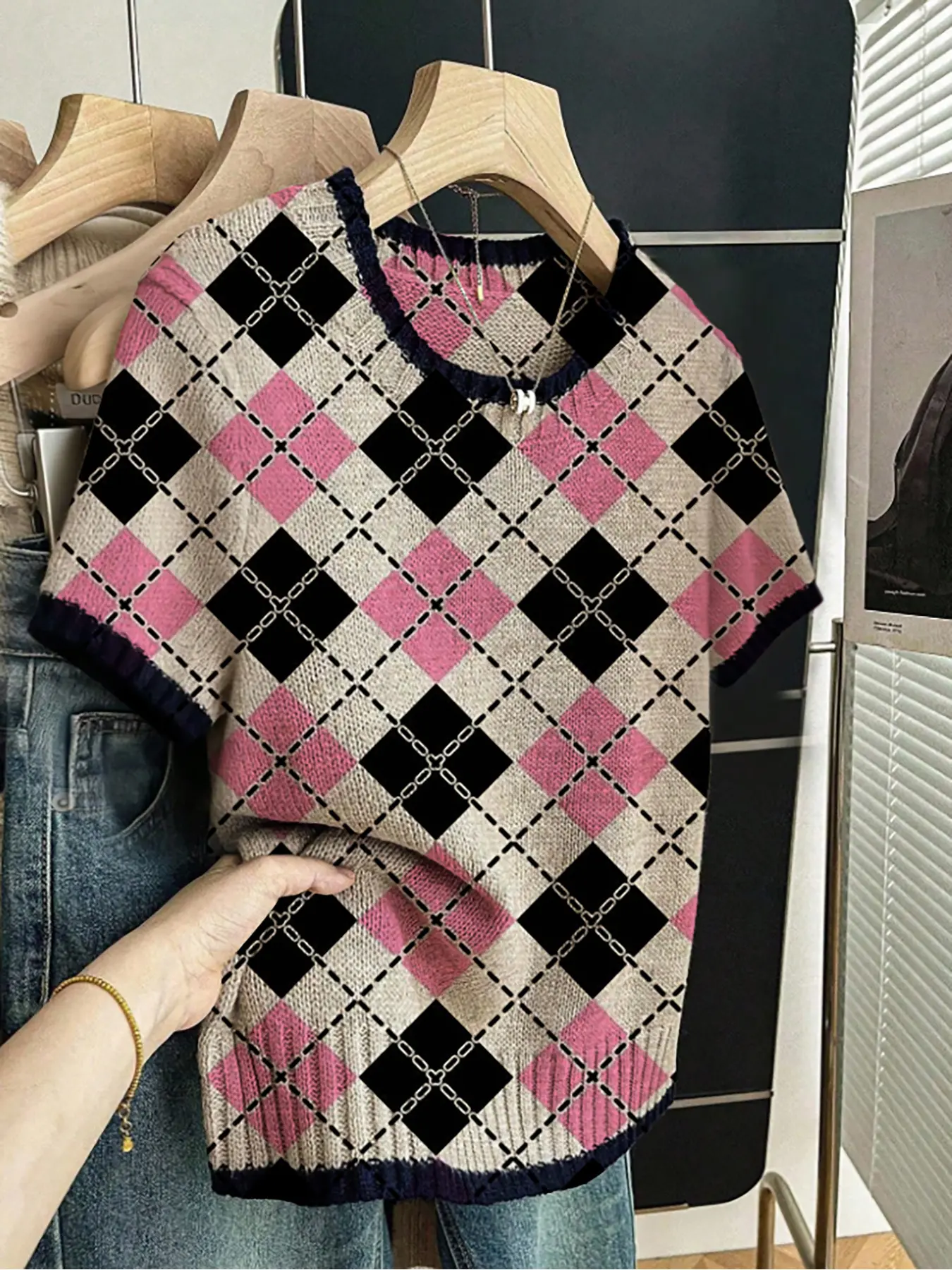 Women's Plaid Colorblock Print Round Neck Fitted Sweater, Casual Short Sleeve Knitwear for Spring Summer Fall, Comfortable Warm Daily Wear