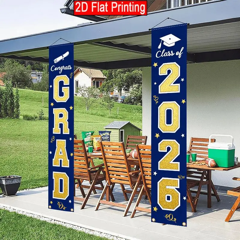 2026 Graduation Party Banner, Navy Blue & Gold Weatherproof Door Porch Decor, 180x30cm Gift for College Graduates, Classroom Celebration Supplies with Congratulations Logo