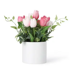 Realistic Artificial Tulips in Ceramic Pot, 6.9" PU Faux Tulip Flowers, Modern Centerpiece for Home, Kitchen, Office, or Wedding Decor