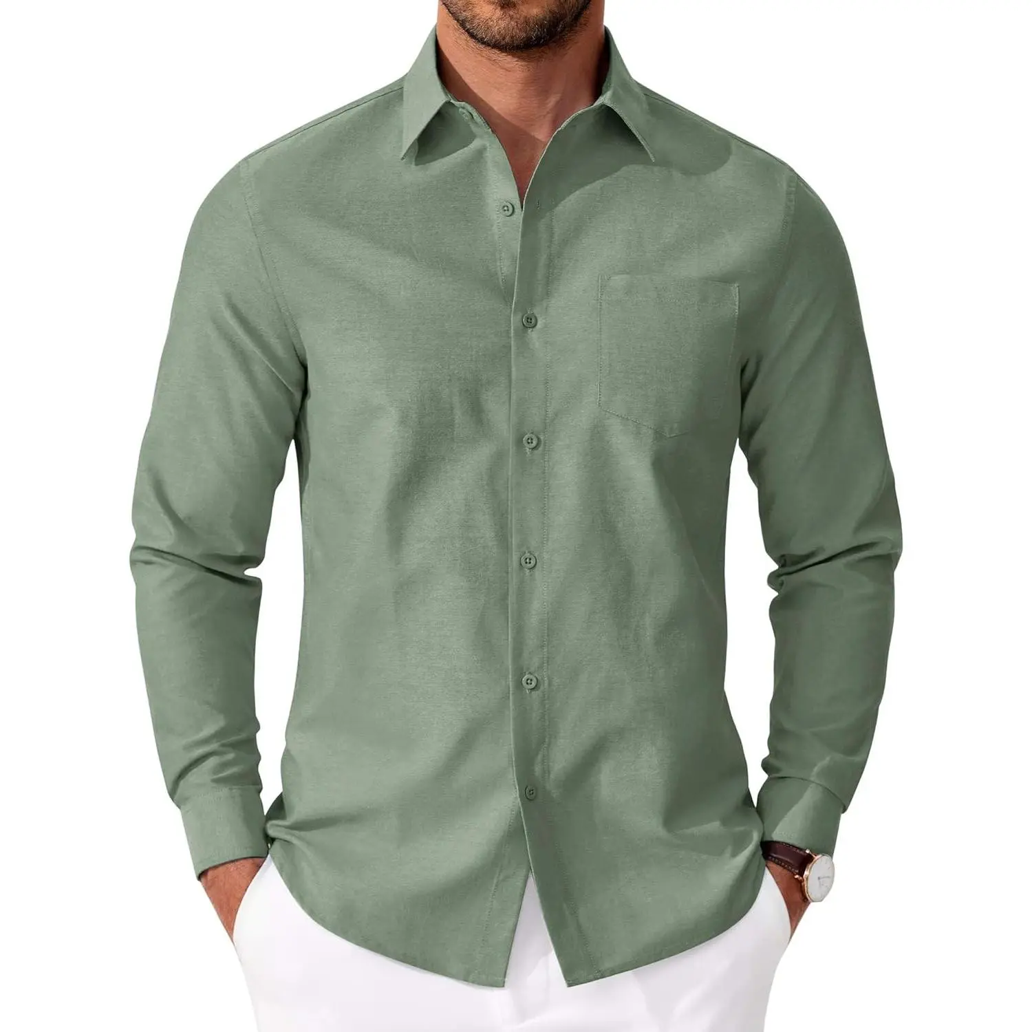 Men's Classic Solid Oxford Shirt, Long Sleeve Textured Fabric Button Down, Regular Fit Casual Dress Top with Chest Pocket, Tops, Menswear, Longsleeves, Office, Sports, Formal, Plain, Button Front, Casual/Work, Blazer, Shorts, All Seasons, Button Up