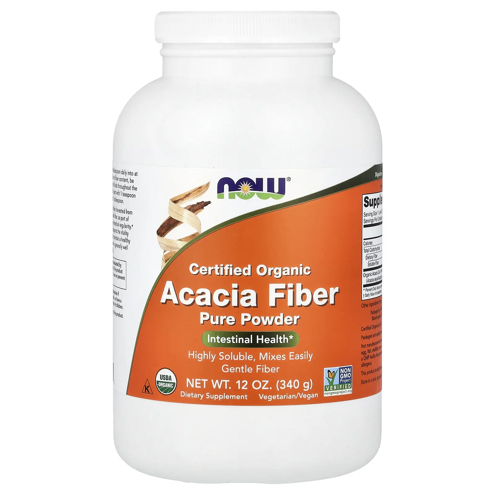 NOW Foods Certified Organic Acacia Fiber Pure Powder, 12 oz (340 g)