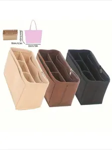 Felt Handbag Organizer With Zipper, Portable Cosmetic Storage Bag, Travel Essentials Bag With Multiple Compartments, Lightweight Travel-Friendly Design For Makeup, Toiletries & Accessories, Zipper Closure