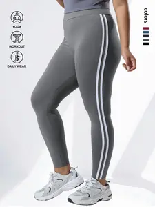 Women's Plus Size High Waist Skinny Pants, Side Colorblock Design, Elastic Comfortable Fit, Fashion Striped Pattern, Casual Wear，Cherry, High Waisted Leggings