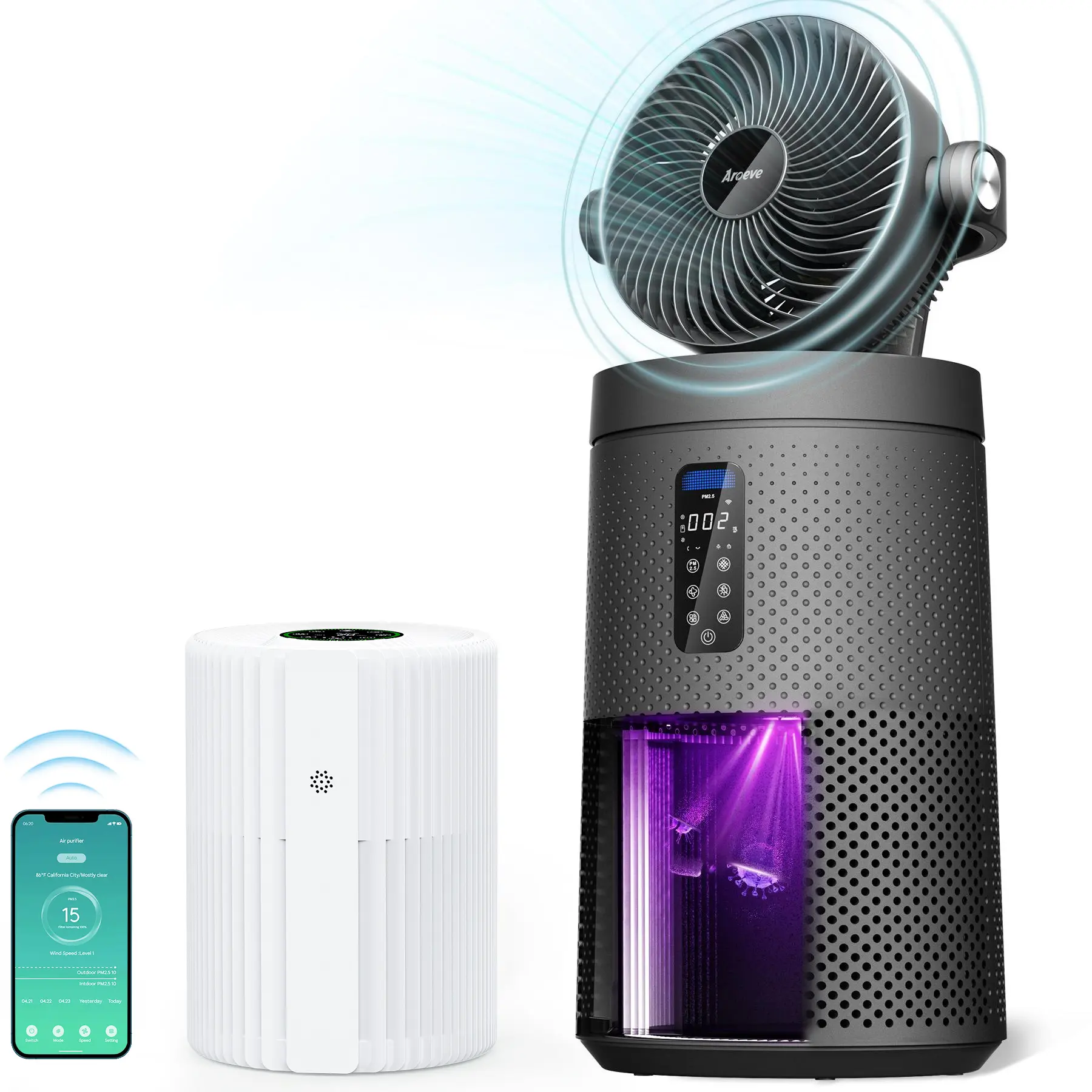 AROEVE Smart WiFi Air Purifier Fan - CARB Certified, True HEPA Filter, Spiral Airflow System, UV System, 360° Purification, 1980 Sq Ft Coverage, Anti-Bacteria Sterilizer, Smokeless, Adjustable Wind Speed, 28.8 cu m/min, Portable for Living Room, Bedroom