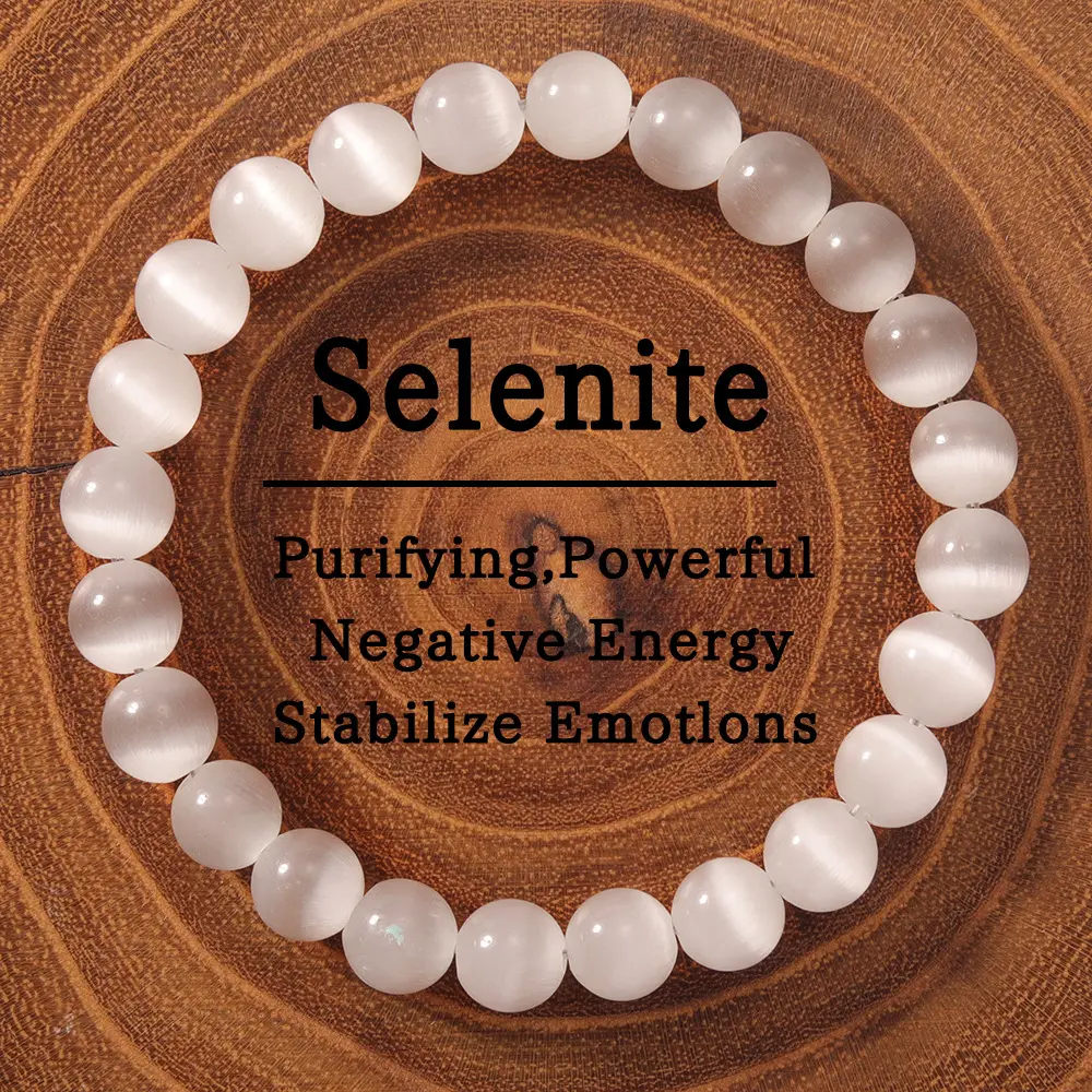 Women's 8mm Natural Selenite Cat's Eye Stone Beaded Stretch Bracelet - Semiprecious Jewelry for Adults, Energy Healing, Clarity Bracelet, Ideal Gift Accessory, Energy Healing Bracelet