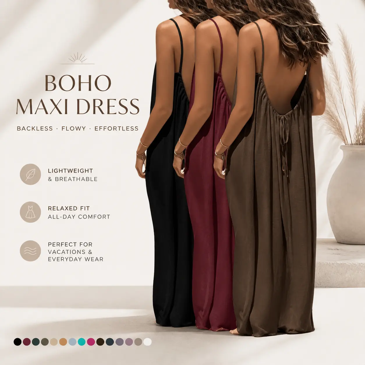 3 PACK Women's Solid Color Backless Spaghetti Strap Cami Dress, Casual Minimalist Sleeveless Dress for Summer, Ladies Clothes for Beach Holiday Vacation, Backless Dresses, Womenswear Basic