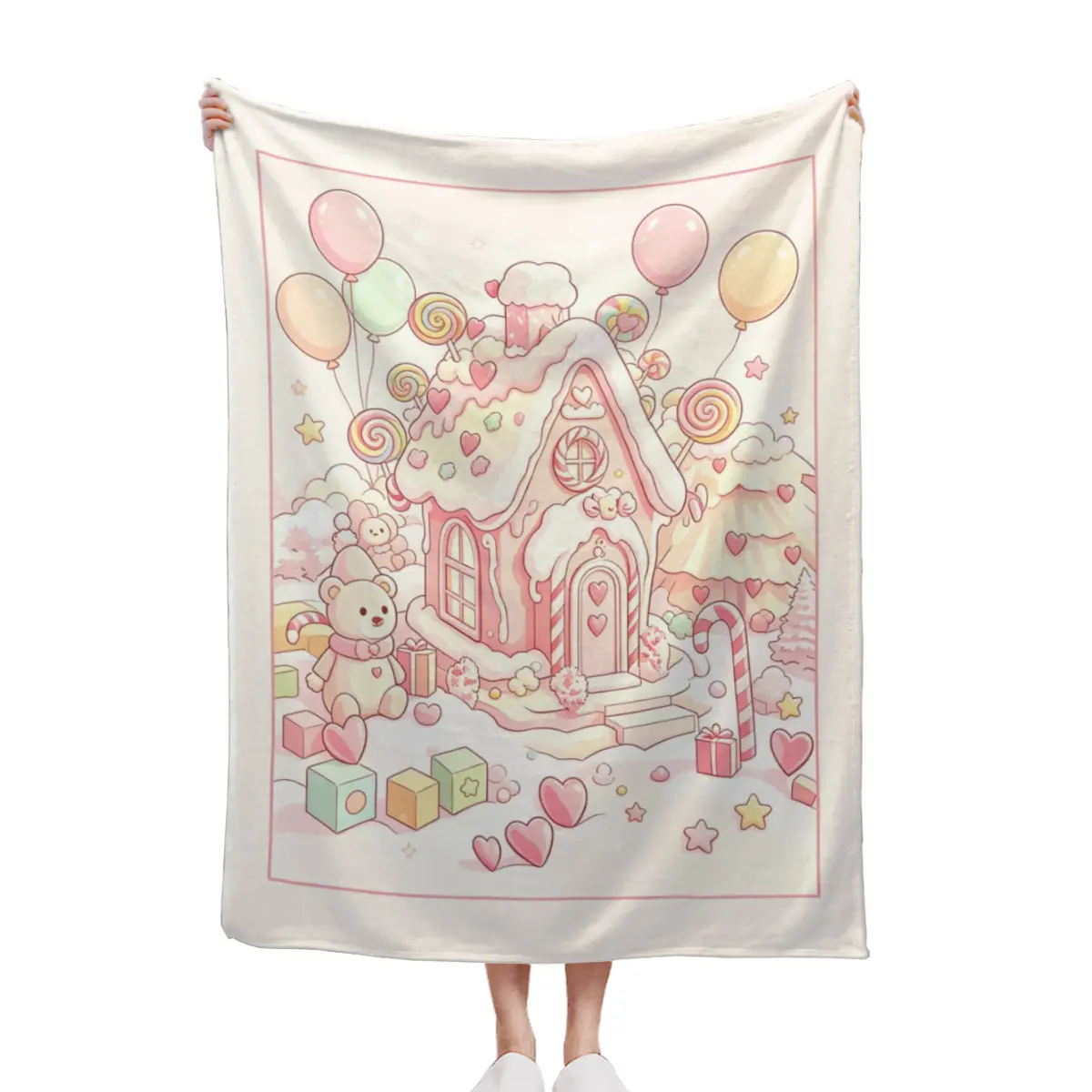Candy Castle Balloon Pink Pastel Throw Blanket, Sweet Fairy Tale Princess Girls Room Blanket