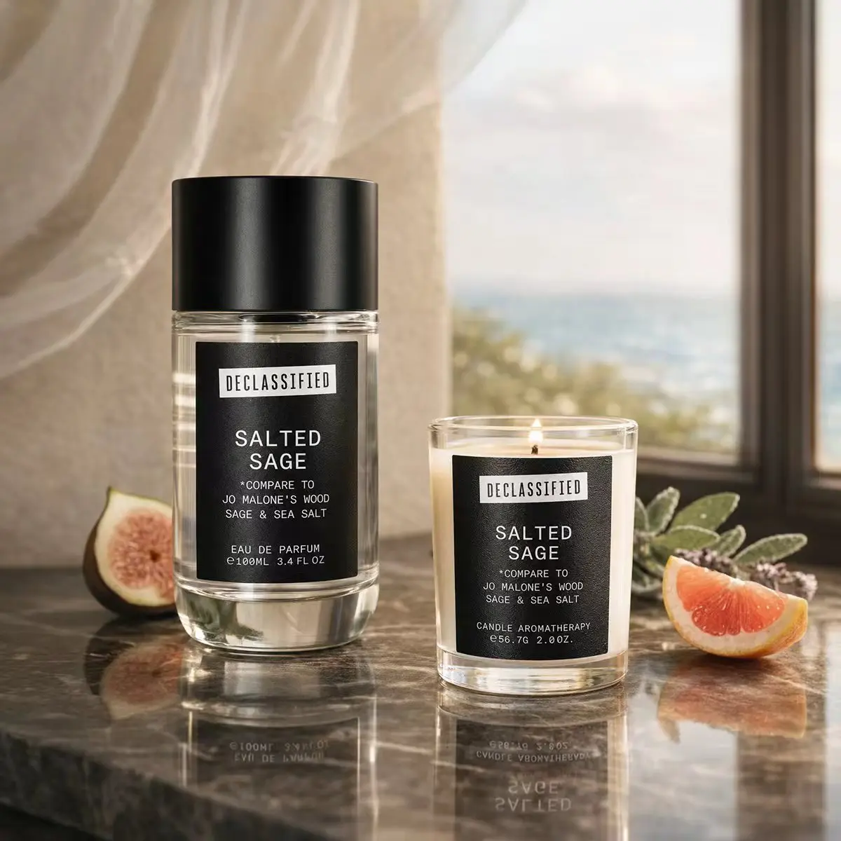 Declassified Salted Sage Eau de Parfum & Candle Set | Affordable | 100ml+ 56.7 g | Fig Tree, Clary Sage, Marine Note & Amberwood