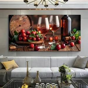 1 piece framed canvas painting, modern cherry and rose wine scene, elegant wall decoration for living room and bedroom, exquisite grape and glass design, beautiful room decoration, suitable for decoration of living room, bedroom office.