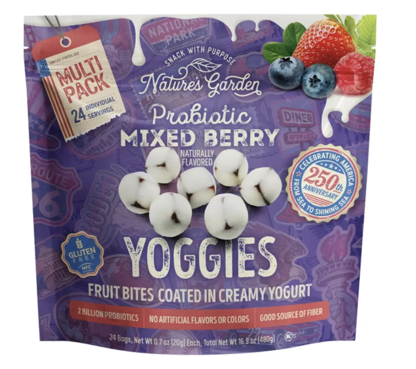 Nature's Garden Probiotic Mixed Berry Yoggies Snack - High Fiber Fruit & Chewy, Strawberry, Milk-Infused, Guilt Free Treat - 0.7oz, 24 Packs, Mixed Berries, Office Snacks