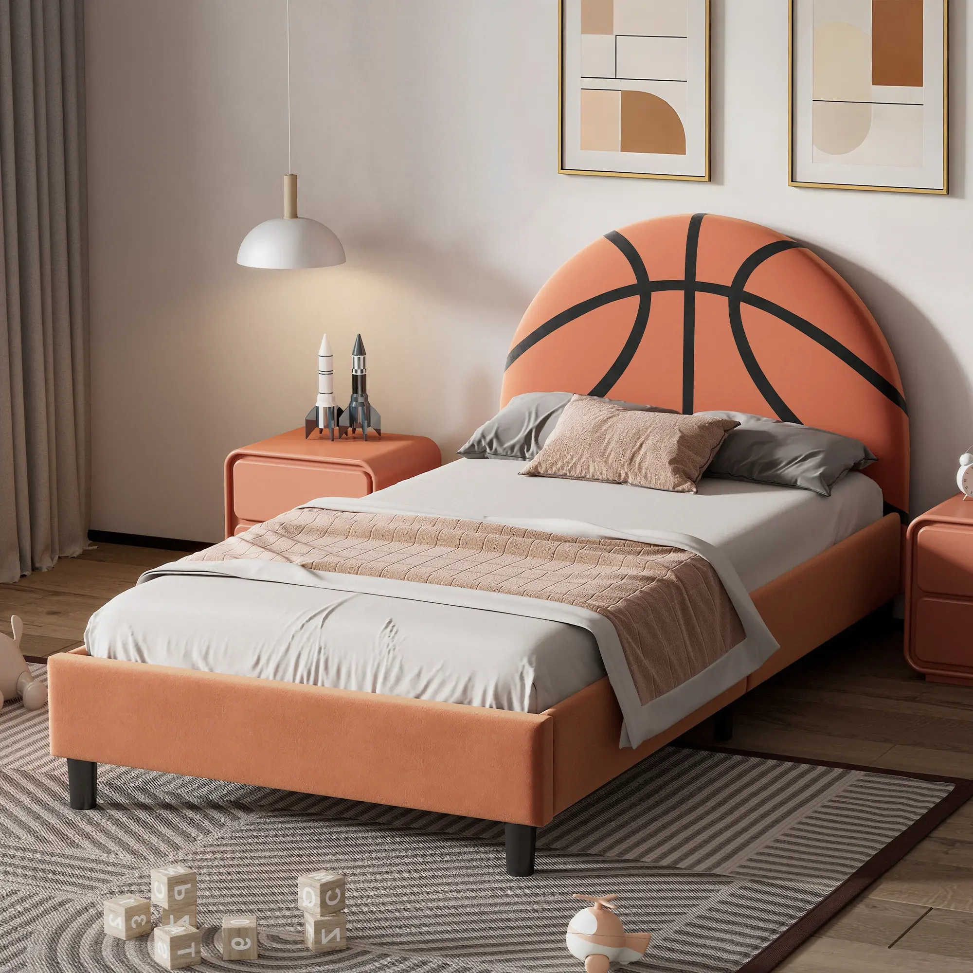 Twin Size Upholstered Bed with Basketball Shaped Headboard, Twin Platform Bed with Reinforced Slats, Sport Style Bed for Boys & Girls, Teens, Orange