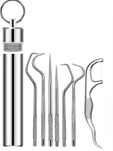 7-piece portable stainless steel toothpick pocket set, reusable metal toothpick cleaning kit with holder, suitable for outdoor picnics, camping trips