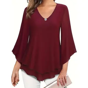 Solid Color V Neck Blouse, Elegant 3/4 Sleeve Ruffle Hem Blouse For Spring & Fall, Women's Clothing