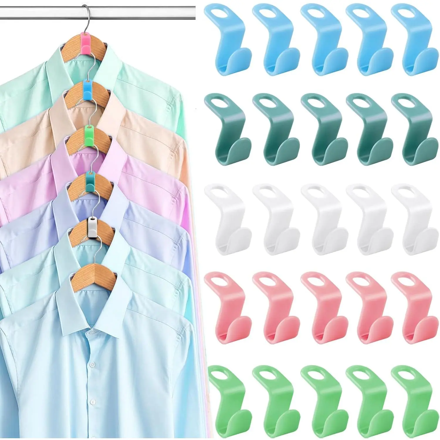 100PCS Sturdy Plastic Hanger Connector J-Hooks Pack - 5 Colors (White, Dark Green, Pink, Blue) - Home Closet Space-Saving Organizer Hanging