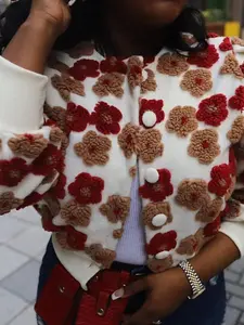 Women's Floral Woven Jacquard Button Front Fitted Coat, Jackets, Casual Long Sleeve Round Neck Outerwear for Daily Wear, Ladies Clothes for All Seasons, Fabric