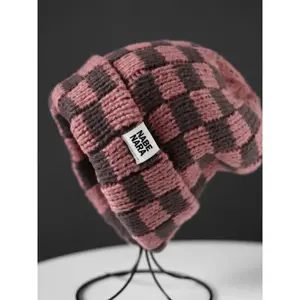 1 Piece Fashionable Patched Checkerboard Pattern Beanie, New Trendy Fitted Cool Hats for Men & Women, Casual Warm Knit Hat for Fall & Winter, Top Tier Beanie, Fashion Accessories