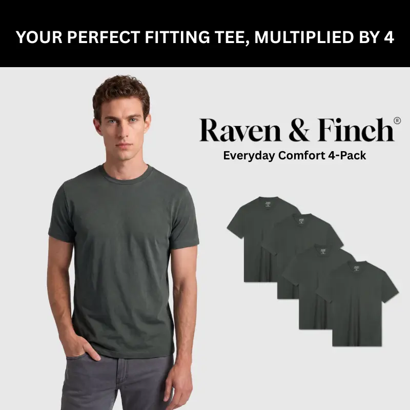 Raven & Finch Men's Crew Neck T-Shirts 4-Pack - Plain Athletic Fit Combed Cotton Short Sleeve Casual Essentials Tee
