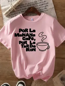 Women's Crew Neck Short Sleeve Tee Por La Manana Cafe Por La Tarde Ron Coffee Cup Retro Minimalist Trendy Y2K Streetwear Casual Graphic Print Multiple Colors Available Oversized Flattering Fit Soft Breathable Milk Silk Blend Washable No Shrink All-Season
