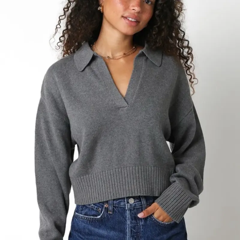 Collard Sweater in Grey - Simple Design Pullover for Casual Wear