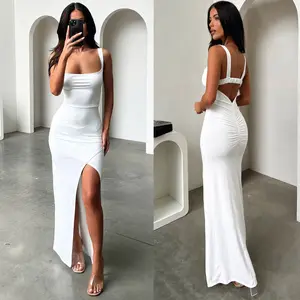 Woman's White Maxi Dress High Slit Square Neck Backless Ruched Waist Bodycon Knit Fabric Summer Wedding Party Beach Vacation Formal Evening Gown