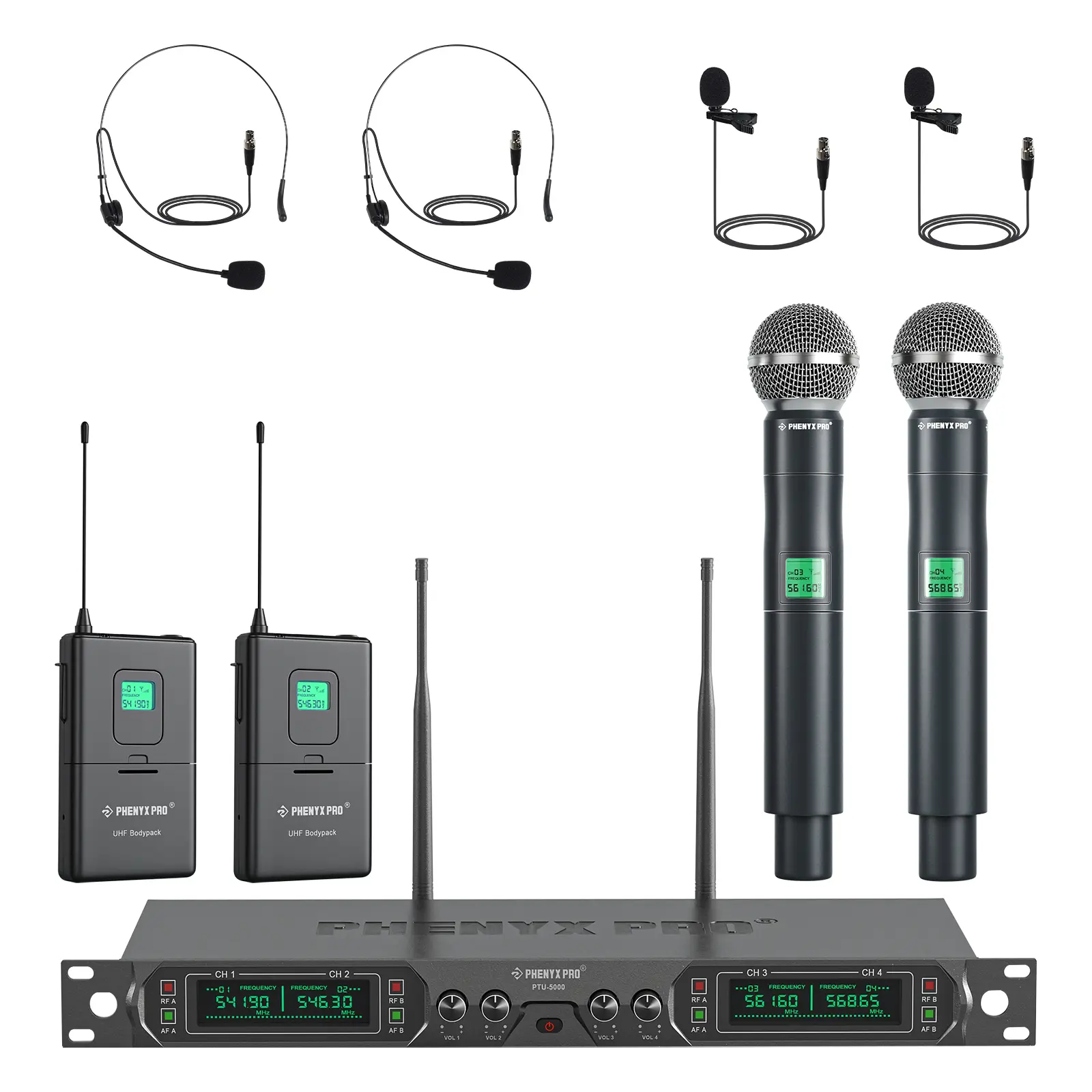 Phenyx Pro PTU-5000-2H2B 4-Channel Wireless Microphone System – 2 Handheld & 2 Bodypack Mics w/ Headset & Lavalier, Fixed UHF Frequencies, Metal Build, Cordless Mic Set for Church, Singing, DJ